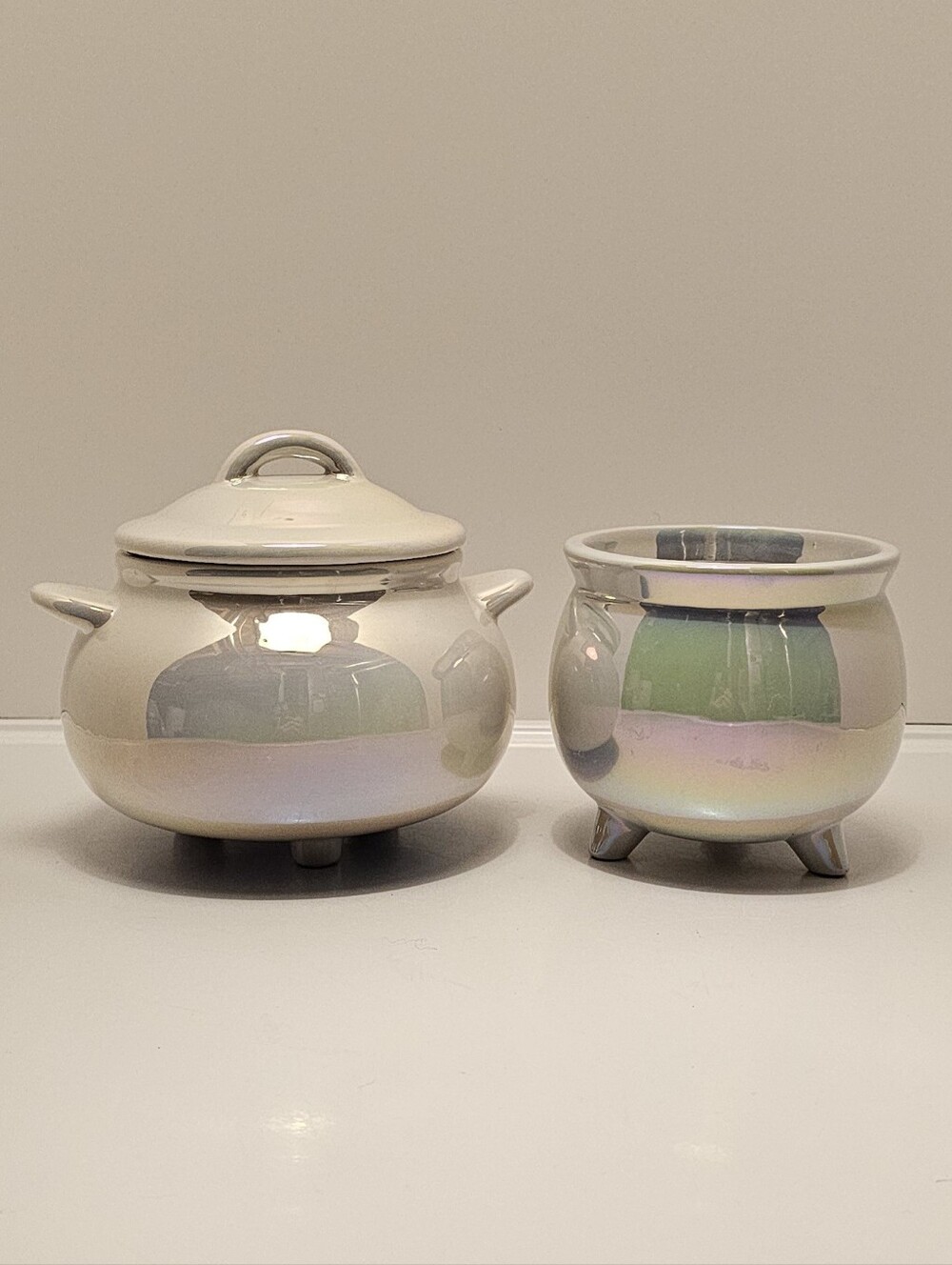 White Iridescent Ceramic Cauldrons * Set of 2